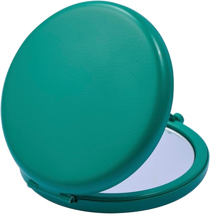 Compact Mirror for Purse, Metal Round Shell, Double-Sided 1X/2X Magnifying, Portable Travel Makeup Mirror, Mini Pocket Mirror, Peacock Green, 2 Packs