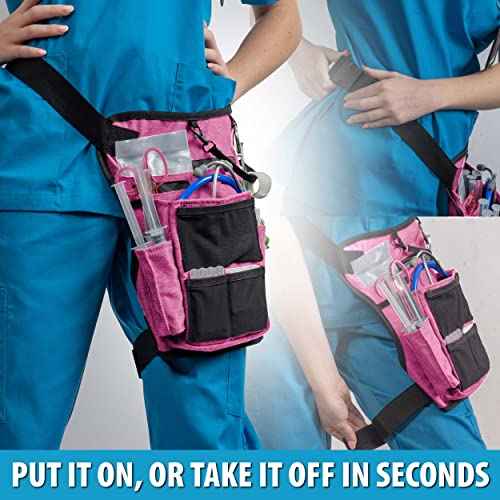 Nurse Fanny Pack w/Elastic Leg Band - Multi Compartment Waist Organizer Tool Bag for Students, Practitioners & Medical Professionals (Precision Pink)