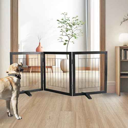 ZJSF Freestanding Dog Gate Indoor, Foldable Dog Fence for Doorways,Hallways or Stairs, Sturdy Wood Extra Wide Pet Gate with Support Feet,Black,24 "Height-3 Panels