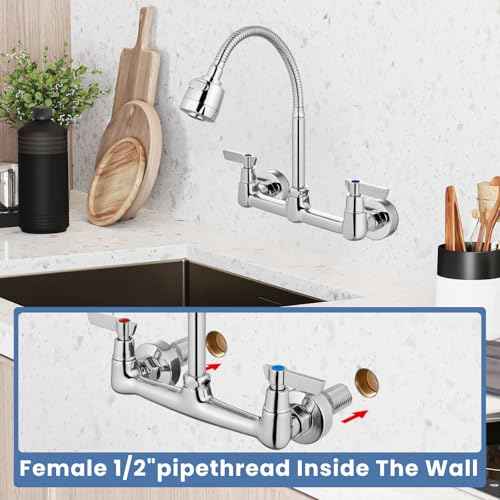 Airuida Chrome Polish Wall Mount Kitchen Sink Faucet 8 Inch Center Unility Faucet Wall Mounted Double Lever Handles Commercial Faucet with 360 Degree Rotation Sprayer Brass Valve Body Mixer Tap