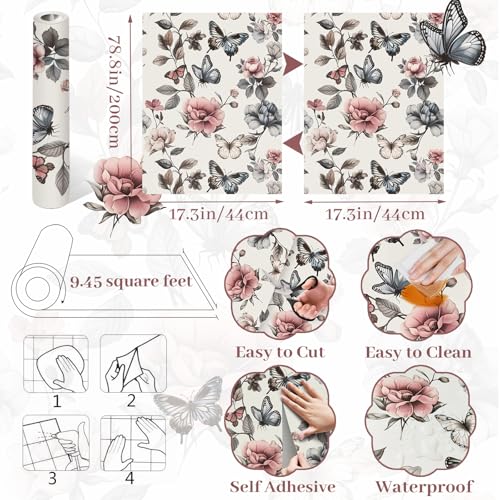 Floral Wallpaper Peel and Stick Wallpaper 17.3"x78.8" Boho Contact Paper for Cabinets and Drawers Colorful Self Adhesive Removable Wall Paper for Bedroom Butterfly Flower Wallpapers Vinyl Roll