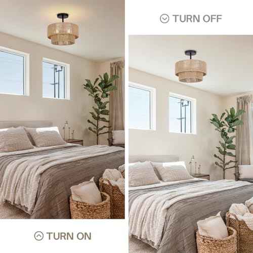 12.6'' Boho Light Fixtures Ceiling Mount, Coastal Hemp rope Semi Flush Mount Ceiling Light Fixture,3-Light Rustic Rattan Ceiling Light With 2-Tier Drum Shade, Nursery Light Fixture Bedroom Chandelier