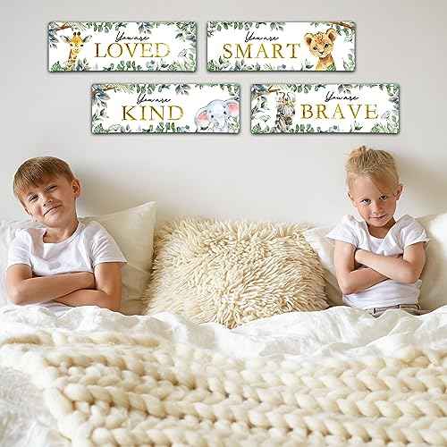 4 Pieces Kids Room Wall Decor Wooden Sign, 11.8" x 3.9" Jungle Animals Motivational Wall Art for Kids Room Nursery Playroom Classroom, You are Loved/Brave/Kind/Smart-A06