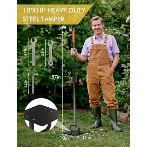 Heavy Duty 10"x10" Steel Tamper Tool with 57" Long Handle and Rubber Grip, Hand Compactor Tool for Soil, Gravel, Asphalt, Driveway, Sidewalk and Paver Base Leveling