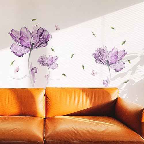 Runtoo Purple Flower Wall Decals Poppy Floral Wall Art Stickers for Girls Bedroom Living Room Bathroom Office TV Background Decor