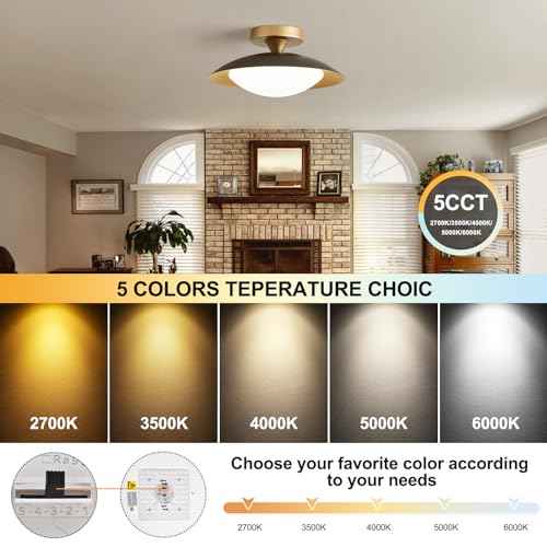 Small Dimmable Mid Century Modern Ceiling Light,5CCT LED Black Gold Semi Flush Mount Ceiling Lamp,for Hallway Entryway Bedroom Laundry Room Kitchen Light Fixture 2700K-6000K,11.81 in