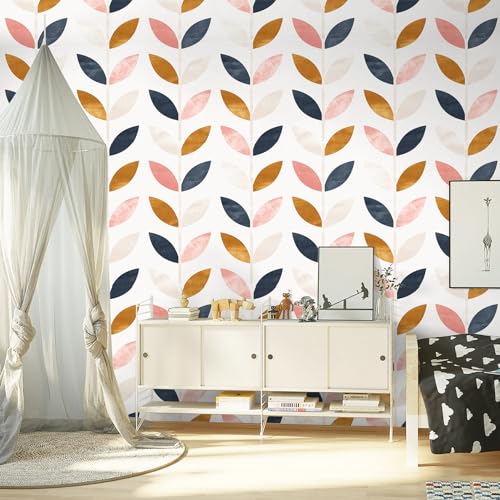 HAOKHOME Peel and Stick Wallpaper Boho Removable White/Tan/Navy Vinyl Self Adhesive Nursery Wallpaper for Girls Bedroom Decor 17.7in x 118in