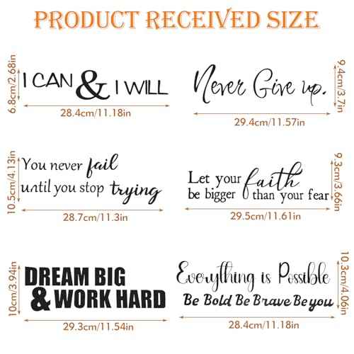 6 Sheets Decals for Walls, Inspirational Wall Stickers, Motivational Wall Decals Peel and Stick, Positive Saying Wall Art for Bedroom Office Teen Room Decor (Never Give up, Dream Big & More)