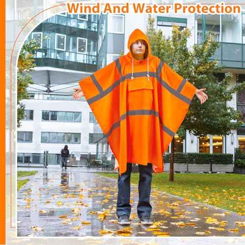 Coume High Visibility Rain Poncho with Large Pocket 50 x 80 Inch Reflective Rain Coat Safety Jacket for Outdoor Worker (Orange)