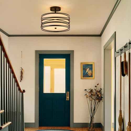 Drum Semi Flush Mount Ceiling Light Fixture Vintage Modern Farmhouse 2-Lights Linen Drum Ceiling Lighting Rustic Black Ceiling lamp for Dining Room, Bedroom, Kitchen, Laundry Room