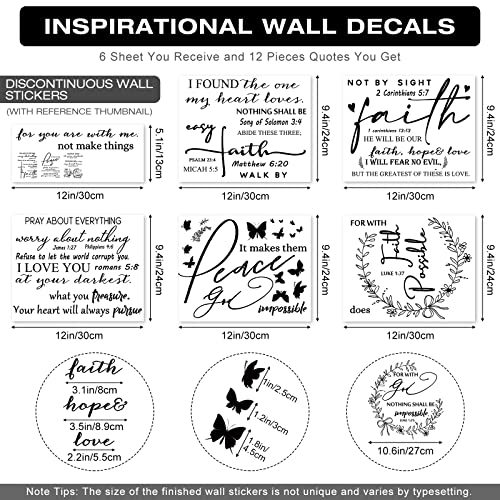 12 Styles Bible Verse Wall Decals Inspirational Decals Peel and Stick Vinyl Christian Stickers Prayer Wall Decor Butterfly Quotes Decor Art Sticker for Bedroom(Black)