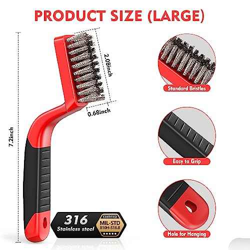 Wire Brush Set, 4-Piece - Nylon/Brass/Stainless Steel Wire Brush/Cleaning Towel with Curved Handle for Rust Removal, Stain Removal and Paint Brush Deep Cleaning - 7-Inch and 8-Inch (Red)