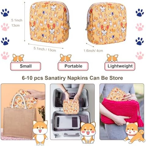 Likesing Period Bag Pouch, Canvas Sanitary Napkin Storage Bag for Girls Womens, Portable Sanitary Napkin Period Pad Pouch for Purse, Small Make Up Bags(Orange Dog)