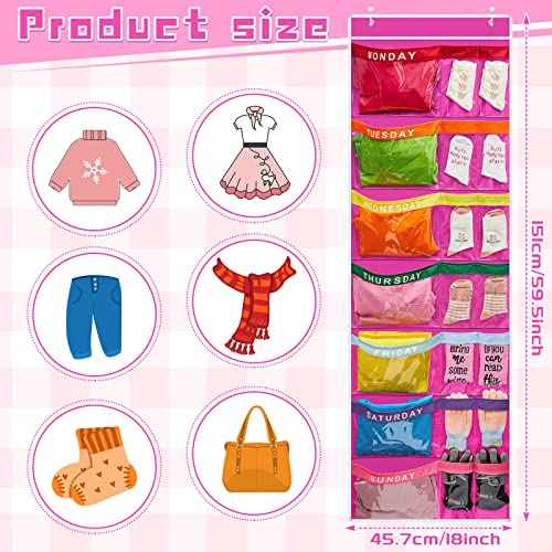 Oudain 2 Pcs Weekly Kids Clothes Organizer 59.5" x 18" Large with 14 Pockets Day of Week School Clothing Storage Monday to Friday Hanging Closet Organizer to Prepare a Week of Your Children(Purple)