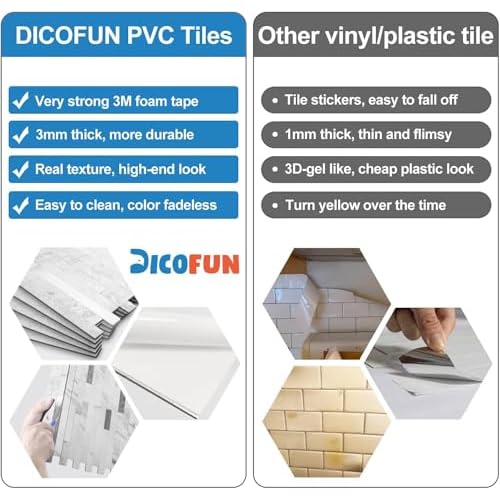 DICOFUN Peel and Stick Backsplash Tile, PVC Mixed Metal Stick on Backsplash Tiles for Kitchen and Bathroom (1, White Marble & Grey Texture)