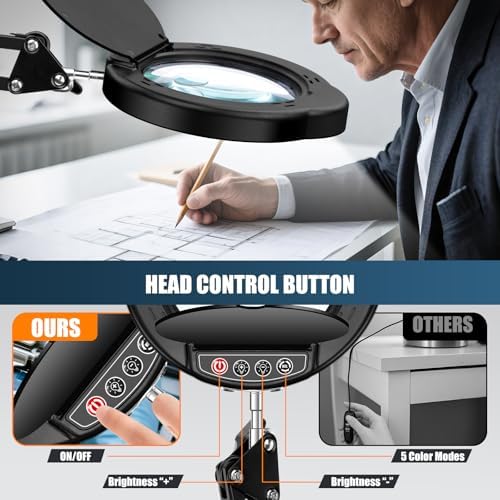 15X 10X Magnifying Glass with Light and Clamp, 5-inch Lighted Magnifier with Dust Cover, 84 LED 5 Color Modes Stepless Dimmable Hands-Free Magnifying Glass Desk Lamp for Reading Craft Hobby Close Work