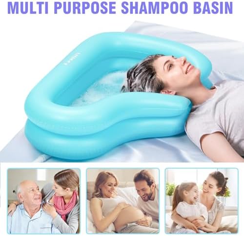 Portable Inflatable Shampoo Basin for Bedridden & Elderly - Zero Pooling Design | Fast-Drain Slope & Neck Support | Portable Hair Wash Bowl, Drain Hose | Hospital PVC | Home Use (Blue, Large)
