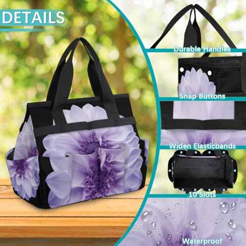 Purple Dahlia Garden Tool Bag Waterproof Gardening Tool Storage Bag with Handle & 10 Pockets Gardening Tote Bag for Women Garden Tool Organizer