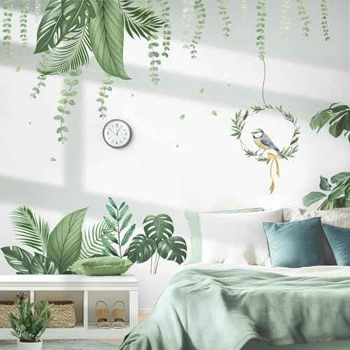LHIUEM Green Tropical Leaves Wall Stickers Hanging Plants Green Jungle Wall Decals Parrot Wall Art Nature Hanging Vine Palm Clings for Bedroom Living Room Sofa TV Background