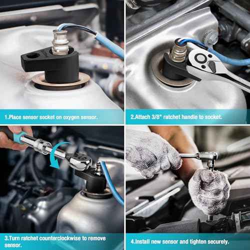 DURATECH O2 Oxygen Sensor Socket 3/8-Inch Drive x 7/8-Inch (22mm), Offset Wrench Cr-Mo Steel, 6-Point Tool With Wire Gate