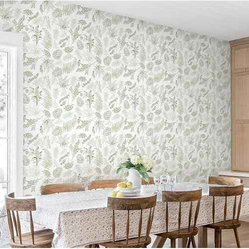 Wallpaper Peel and Stick White and Green Leaf Floral Contact Paper for Bedroom Kitchen Cabinet Drawers Renter Friendly Removable Self-Adhesive Waterproof Boho Stripe Mural Vinyl 17.3"x118"
