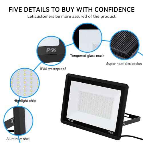 4Pack-100W LED Flood Light Outdoor,11000lm LED Work Light with 6FT US Plug,IP66 Waterproof Exterior Security Lights,6000K Daylight White Outside Floodlights Slim Design for Playground Yard Stadium