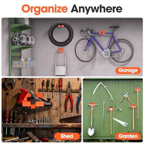 Weedeater Rack, Garage Organization Wall Hangers, Garden Tool Organizer Metal Trimmer Rack, Heavy Duty Hooks for Grass Trimmer, Hedge Trimmer, Garage Tools Storage, Orange 2-Pack