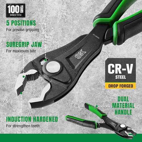 SK 8-Inch Adjustable Slip Joint Pliers, Premium CR-V Construction, SureGrip V-Jaw Design with Comfortable Grips