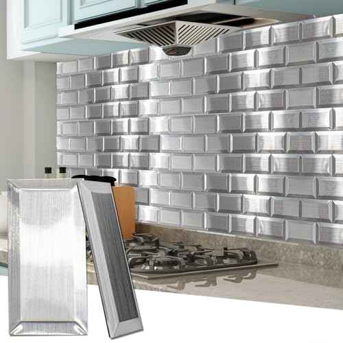 Art3d 100 Pcs Peel and Stick Backsplash Tiles, 3D Textured Metal Stick On Subway Wall Tiles for Kitchen Back Splashes, Bathroom, Laundry Room, 3 x 6 Inch, Stainless