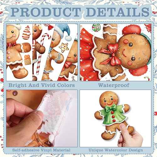 12 Sheets Christmas Gingerbread Wall Stickers Decorations, Xmas Wall Decals Holiday Gingerbread Candy Floor Wall Vinyl Stickers for Living Room Bedroom Home Office Decor