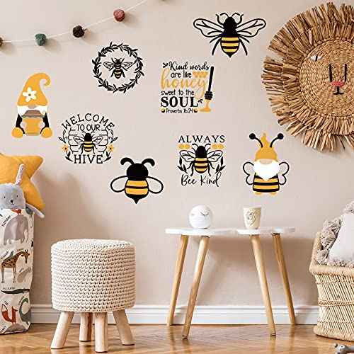 15 Pcs Bee Gnome Wall Decals Honey Bee Window Decor Clings Inspirational Quotes Window Stickers Honeybee Vinyl Gnome Wall Decals for Kitchen Office Fridge Decorations Party Supplies