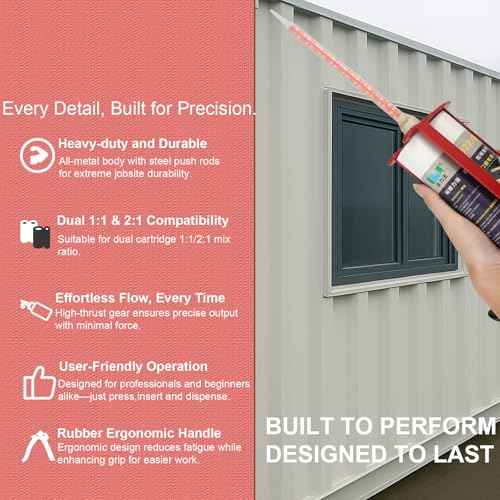 Epoxy Gun Dual Cartridge Applicator 450mL/600mL/650mL, Manual 1:1 & 2:1 Ratio, High-Thrust 2-Part Adhesive Dispenser for Epoxy, Urethane, Acrylic, Panel Bonding & Plastic Repair, Red