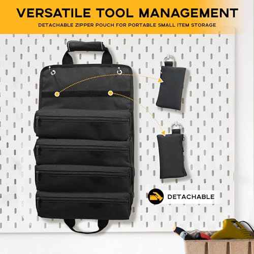 Heavy Duty Roll-Up Tool Bag with 2 Detachable Zipper Pouches, Compact and Portable Large Capacity Tool Storage, Versatile Tool Organizer for Mechanics, Electricians, and DIY Enthusiasts