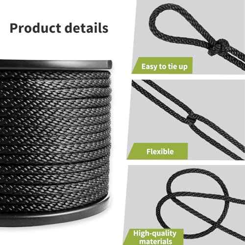 5/16 Inch 250FT Black Polyester Solid Braid Rope | High UV & Abrasion Resistance | Industrial Grade, Low Stretch | Multipurpose for Flag Poles, Clotheslines