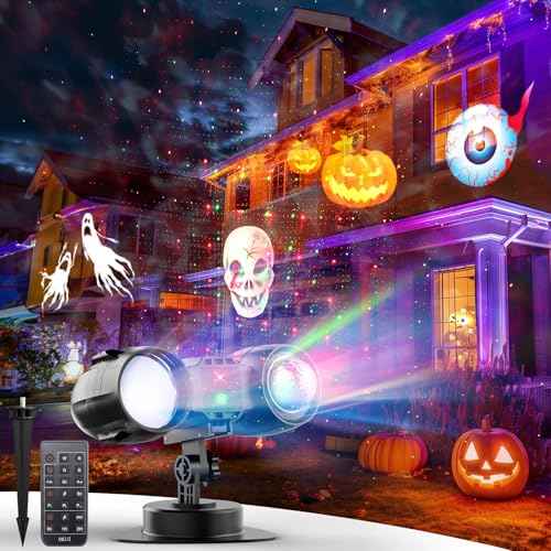 Minetom 3 in 1 Halloween Christmas Projector Lights Outdoor 21 HD Effects (3D Ocean Wave + Patterns+Red Green) Waterproof with Timer Halloween Landscape Lights for Indoor Holiday