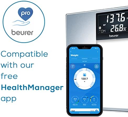 Beurer BF720 Smart Scale for Body Weight, Body Fat, Body Water & More – 400 lb Capacity, Bluetooth App, Calorie Data, User Recognition, XL LCD Display, Glass Digital Bathroom Scale – Grey