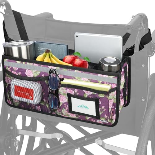 supregear Wheelchair Basket for Back, Large Capacity Wheelchair Backpack Organizer Bag with Multiple Pockets and Cup Holder, Waterproof Storage Pouch for Seniors, Floral Purple