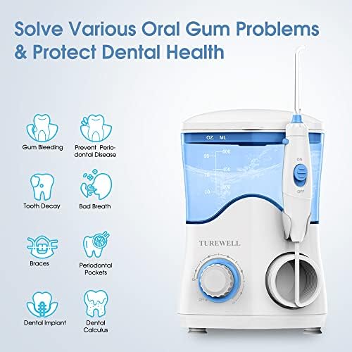 TUREWELL FC162 Water Dental Flosser for Teeth/Braces,10 Pressure Levels, 8 Water Jet Tips for Family, 600ML Electric Water Dental Oral Irrigator for Teeth-Clean (Black)