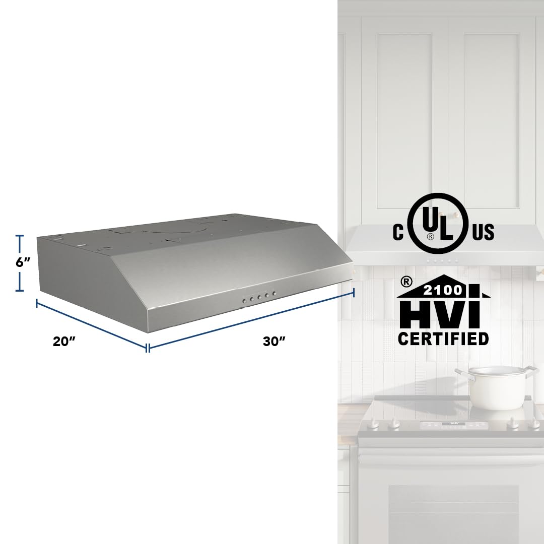 Broan-NuTone BCSQ130SS Three-Speed Glacier Under-Cabinet Range Hood with LED Lights ADA Capable, 1.5 Sones, 375 Max Blower CFM, 30-Inch, Stainless Steel