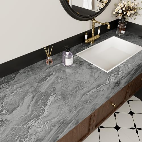 VaryPaper 15.7''x78.7'' Glossy Silver Grey Marble Contact Paper for Countertops Waterproof Peel and Stick Wallpaper Marble Vinyl Wrap for Cabinets Table Desk Removable Self Adhesive Granite Wall Paper