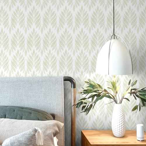 Sage Green Peel and Stick Wallpaper Boho Green Contact Paper Self Adhesive Neutral Removable Wallpaper for Bedroom Bathroom Waterproof Modern Leaf Contact Paper Farmhouse White 78.7inL 17.3in