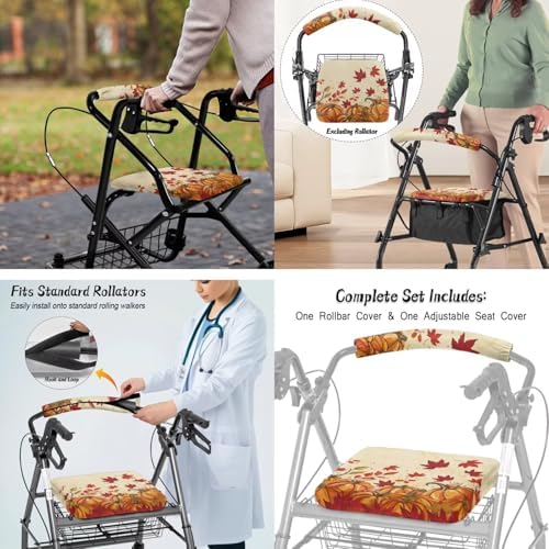 LedBack Thanksgiving Walker Accessories 3 Piece Set Rollator Walker Seat and Backrest Covers, Maple Leaf Pumpkins Storage Bags Rollator Seat Cushion Covers for Seniors