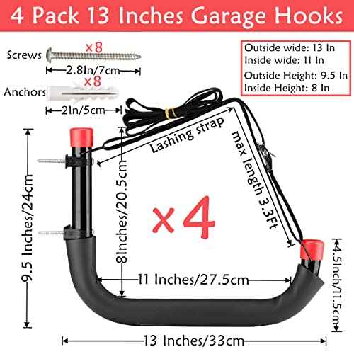 Heavy Duty Garage Storage Hooks, 13 Inch Arm Large Wall Mount Hanger with EVA Protector, Naikozmo Garage Racks & Organizer for Ladders, Folding Chairs, Kayak, Surfboard, Garden Tool Black + Red
