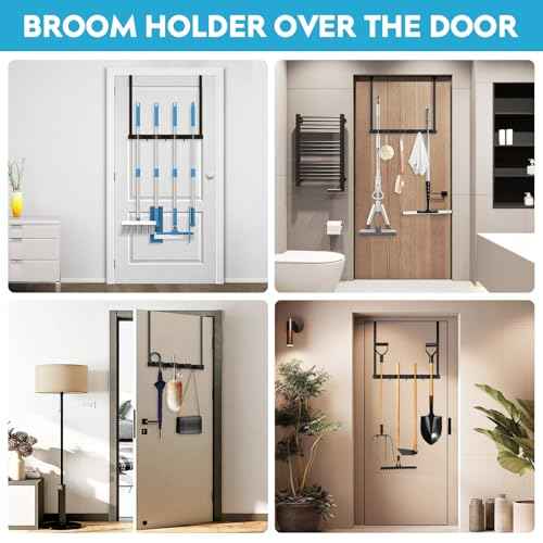 Broom Holder Over The Door, Mop and Broom Holder Wall Mount or Hanging Over The Door with Hooks, Broom Hanger, Broom Storage, Tool Organizer for Garage Closet Laundry 2PCS