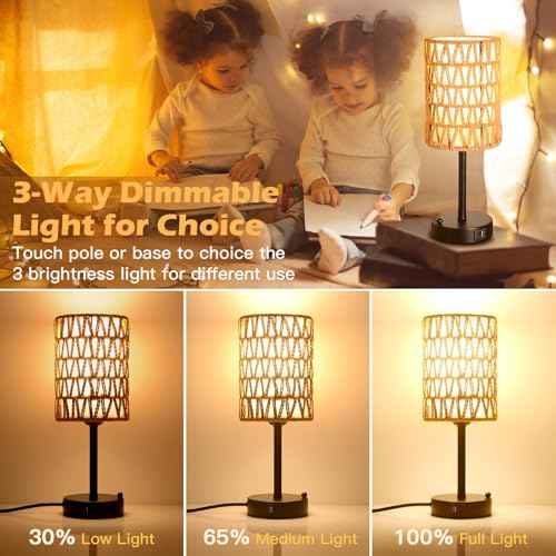 Rattan Table Lamps for Living Room, 3 Way Dimmable Touch Lamps, Small Bedside Lamps with LED Bulbs, Phone Stand, USB Ports and AC Outlet, Boho Nightstand Lamp for Kids Room, Bedroom, Office (2 Pack)