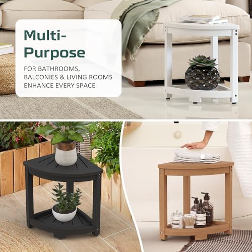 Corner Shower Stool for Inside Shower, HIPS Waterproof Shower Bench Seat Chair, Plastic Bath Shower Stool for Shaving Legs Foot Rest with Storage Shelf, Adjustable & Non-Slip Feet, White