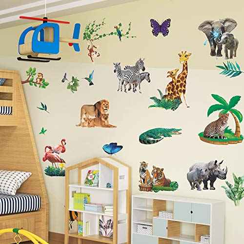 Lifelike Jungle Animal Wall Decals Safari Wild Animal Wall Stickers Removable Lion Tiger Elephant Animal Wall Decor for Boys Girls Bedroom Kids Nursery Classroom Daycare Playroom MG1011
