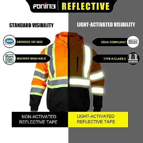 FONIRRA Hi Vis Safety Fleece Zip Hoodie for Men Reflective Sweatshirts ANSI Class 3 Jackets Detachable Hood (Orange,3XL)