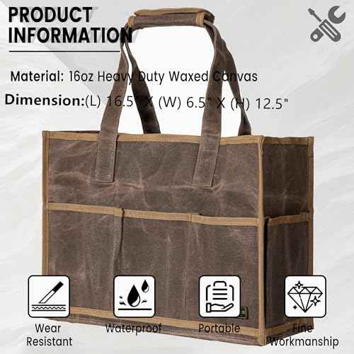 Heavy-Duty Waxed Canvas Tool Pouch - 14-Pocket Garden Tool Organizer with Removable Handle | Multi-Compartment Storage Bag for Tools (16.5" x 12.5" x 6.5", Grey)