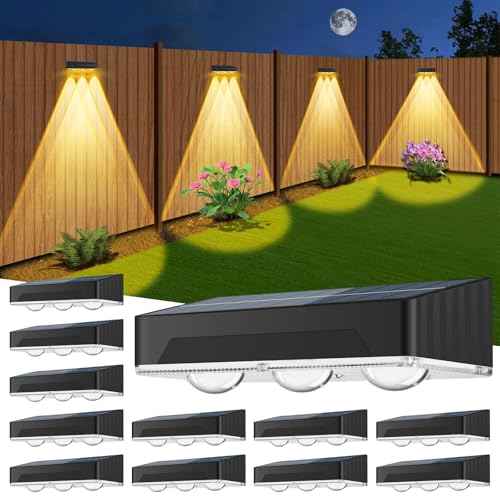 Solar Fence Lights Outdoor 12 Pack Upgraded High Brightness 3 LED Spot Lens Waterproof Deck Lights 7 Mode Warm&Cool White RGB Solar Powered Wall Lighting Decor for Outside Patio Step Backyard Railing